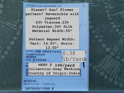 Scalamandre Planetarium Reseda Grey Pale Green Silk Lampas Astronomic Cosmic Flora Stars MSRP USD 196/yard Old World Weavers