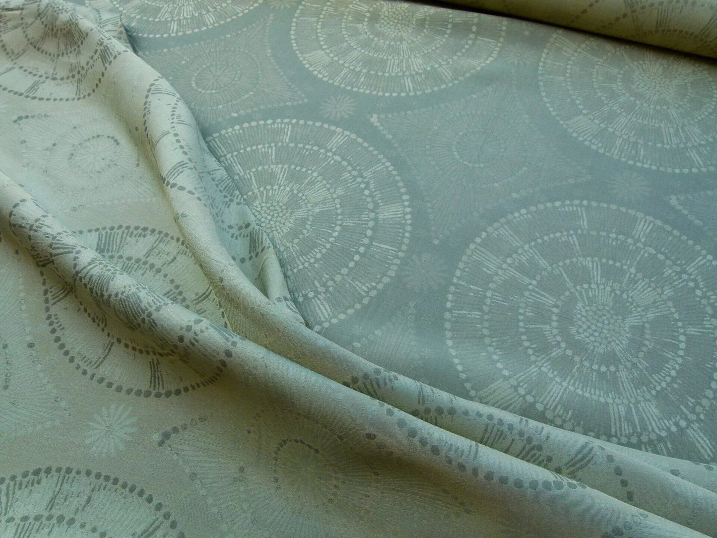 Scalamandre Planetarium Reseda Grey Pale Green Silk Lampas Astronomic Cosmic Flora Stars MSRP USD 196/yard Old World Weavers