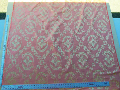 Scalamandre Navonna Shrimp Pink Gold Neoclassical Silk Lampas Medallion Crest MSRP USD 444/yard  Old World Weavers