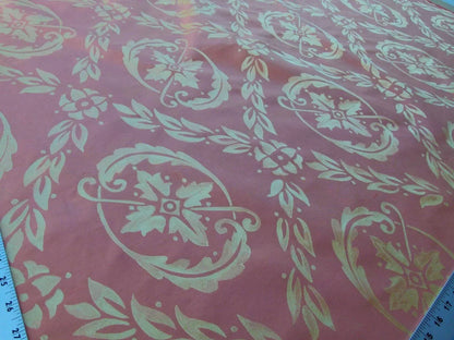 Scalamandre Navonna Shrimp Pink Gold Neoclassical Silk Lampas Medallion Crest MSRP USD 444/yard  Old World Weavers