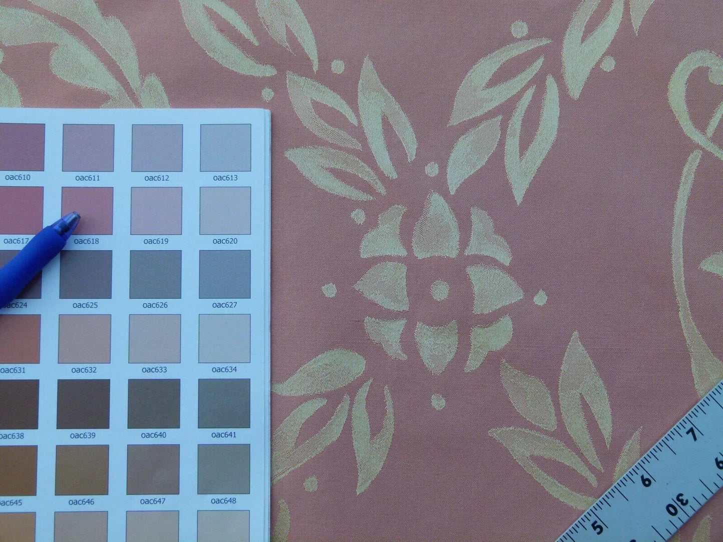 Scalamandre Navonna Shrimp Pink Gold Neoclassical Silk Lampas Medallion Crest MSRP USD 444/yard  Old World Weavers