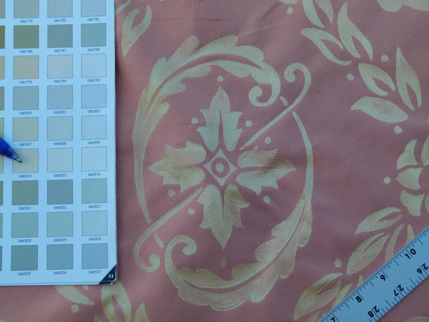 Scalamandre Navonna Shrimp Pink Gold Neoclassical Silk Lampas Medallion Crest MSRP USD 444/yard  Old World Weavers