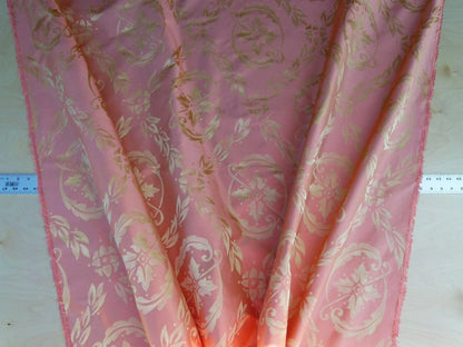 Scalamandre Navonna Shrimp Pink Gold Neoclassical Silk Lampas Medallion Crest MSRP USD 444/yard  Old World Weavers