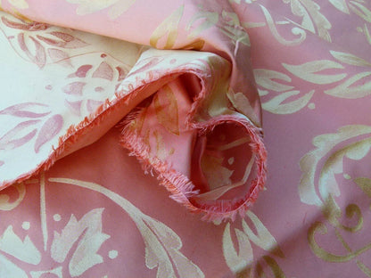 Scalamandre Navonna Shrimp Pink Gold Neoclassical Silk Lampas Medallion Crest MSRP USD 444/yard  Old World Weavers