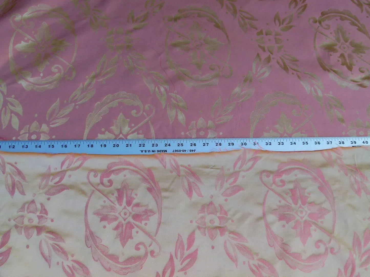 Scalamandre Navonna Shrimp Pink Gold Neoclassical Silk Lampas Medallion Crest MSRP USD 444/yard  Old World Weavers