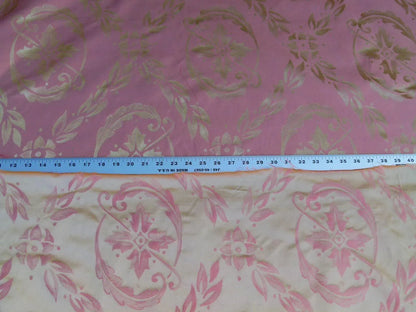 Scalamandre Navonna Shrimp Pink Gold Neoclassical Silk Lampas Medallion Crest MSRP USD 444/yard  Old World Weavers