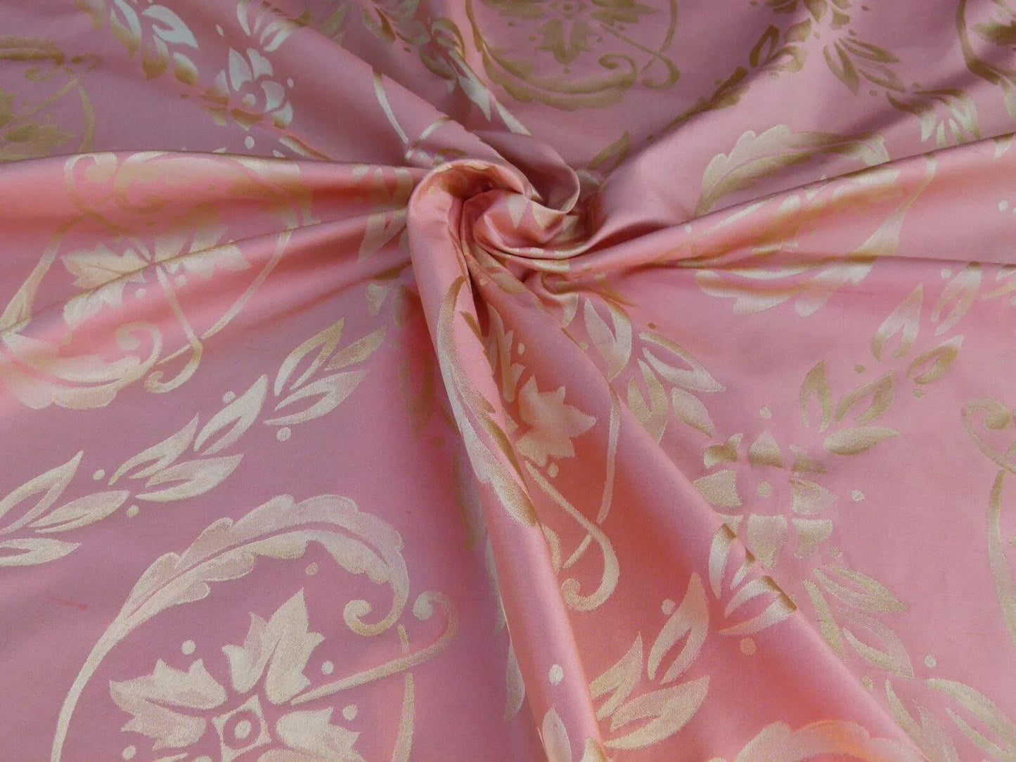 Scalamandre Navonna Shrimp Pink Gold Neoclassical Silk Lampas Medallion Crest MSRP USD 444/yard  Old World Weavers