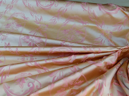 Scalamandre Navonna Shrimp Pink Gold Neoclassical Silk Lampas Medallion Crest MSRP USD 444/yard  Old World Weavers