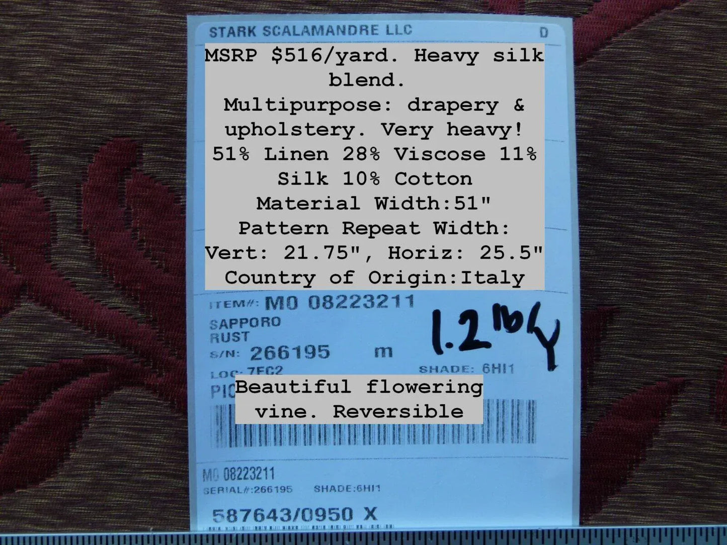 Scalamandre Romantic Sapporo Rust Red Gold Silk Linen Lampas MSRP USD 516/y Superb Weight! Vine