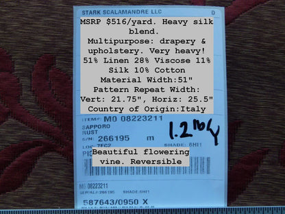 Scalamandre Romantic Sapporo Rust Red Gold Silk Linen Lampas MSRP USD 516/y Superb Weight! Vine
