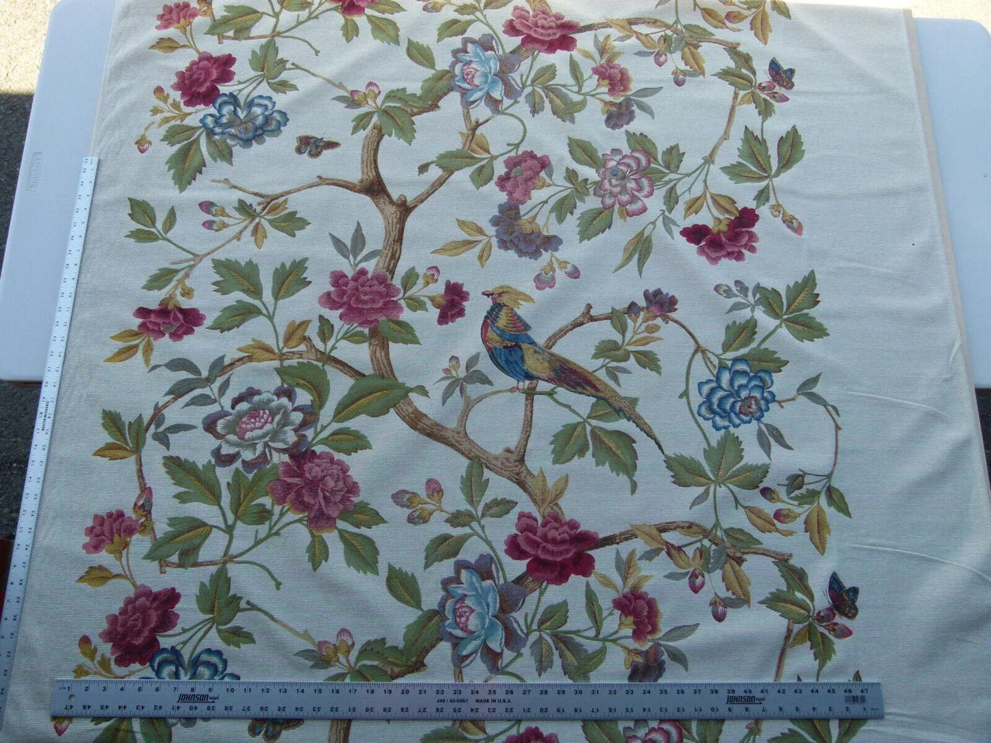 Scalamandre Faisan Putty Flower Tree Peony Bird Chinoiserie Chenille Stripe Print MSRP USD 400/yard