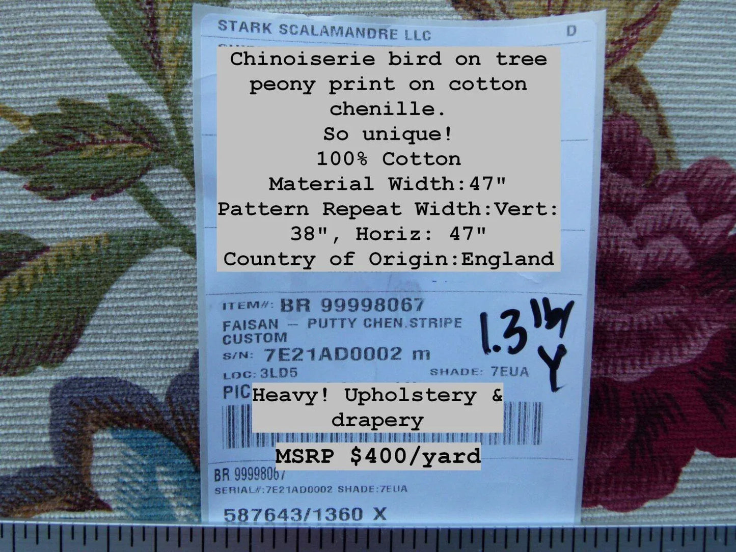 Scalamandre Faisan Putty Flower Tree Peony Bird Chinoiserie Chenille Stripe Print MSRP USD 400/yard