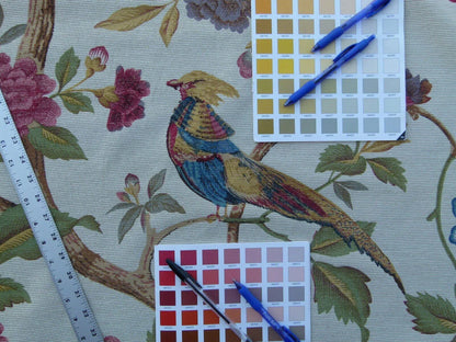 Scalamandre Faisan Putty Flower Tree Peony Bird Chinoiserie Chenille Stripe Print MSRP USD 400/yard