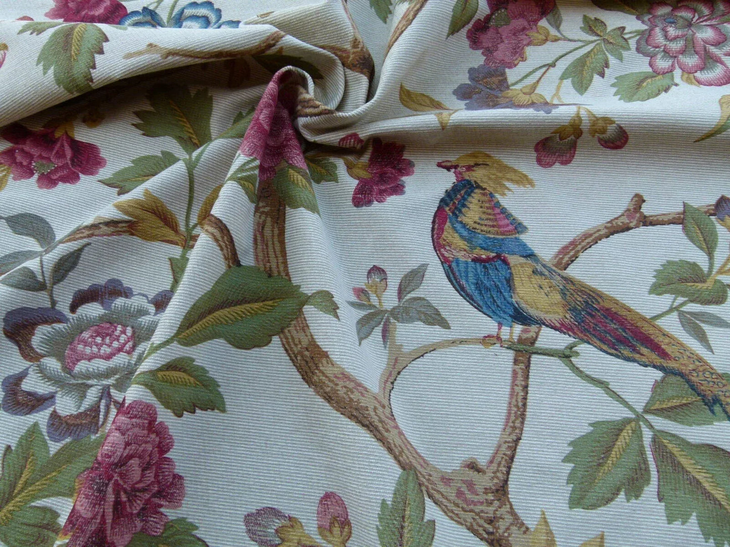 Scalamandre Faisan Putty Flower Tree Peony Bird Chinoiserie Chenille Stripe Print MSRP USD 400/yard