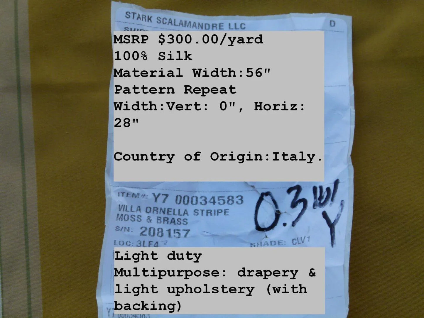 by yard Scalamandre Villa Ornella Stripe Silk Moss &amp; Brass Yellow Gold Green Huge Stripe  Old World Weavers MSRP USD 300/y