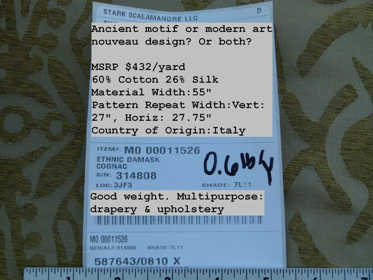 By yard Scalamandre Ethnic Damask Cognac Gold Silk Lampas African Abstract Old World Weavers MSRP USD 432/Y