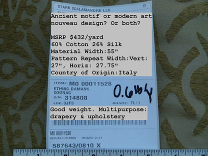 By yard Scalamandre Ethnic Damask Cognac Gold Silk Lampas African Abstract Old World Weavers MSRP USD 432/Y