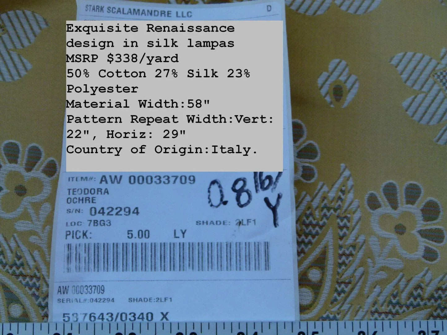 Scalamandre Teodora Ochre Gold Renaissance Classic Artichoke Silk Lampas Old World Weavers Silk Damask MSRP USD 338/Y