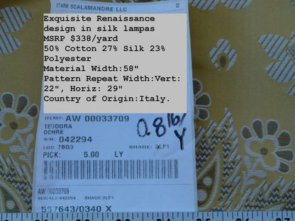 Scalamandre Teodora Ochre Gold Renaissance Classic Artichoke Silk Lampas Old World Weavers Silk Damask MSRP USD 338/Y