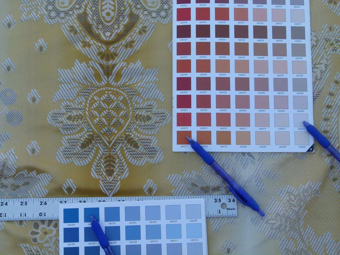 Scalamandre Teodora Ochre Gold Renaissance Classic Artichoke Silk Lampas Old World Weavers Silk Damask MSRP USD 338/Y