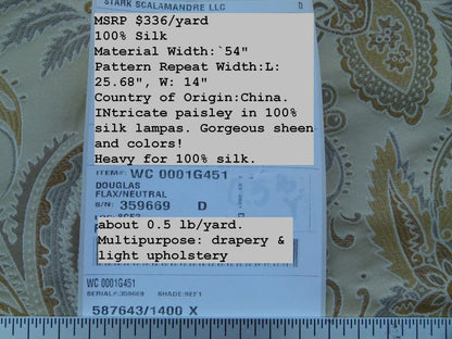 Scalamandre Fonthill Douglas Flax Neutral 100% Silk Paisley Old World Weavers MSRP USD 336/Y