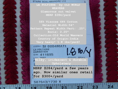 Scalamandre La Foltiere Carnation Cut Velvet Red Pink Old World Weavers MSRP USD 284/y