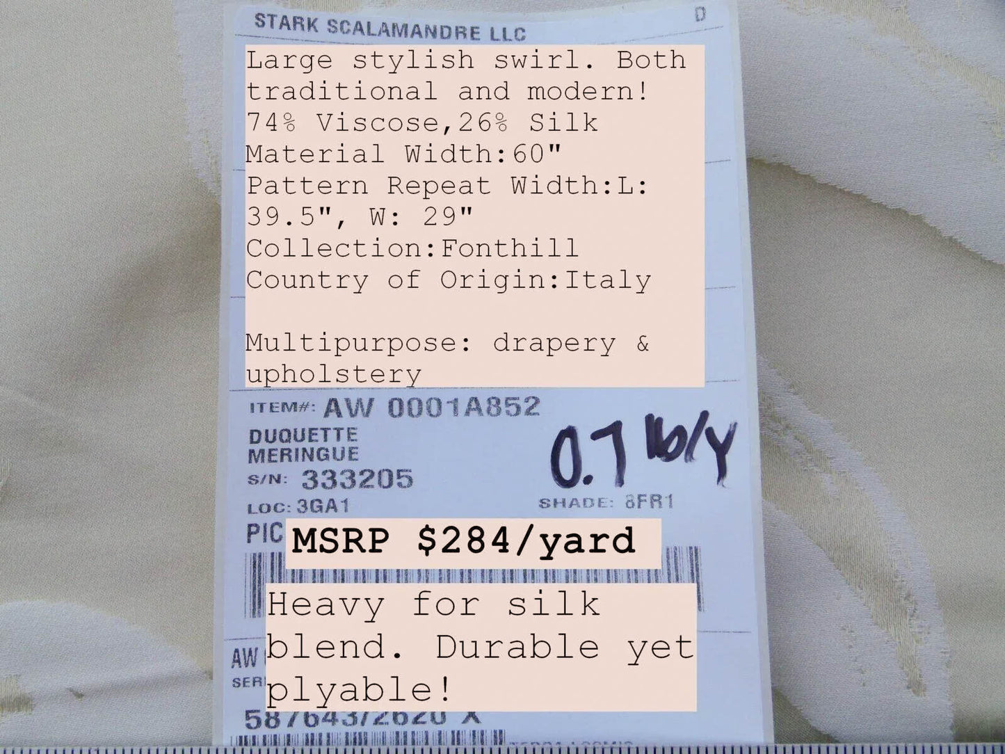 Scalamandre Duquette Meringue Off White Beige Old World Weavers Robust Silk Viscose Swirl Wave MSRP USD 284/y