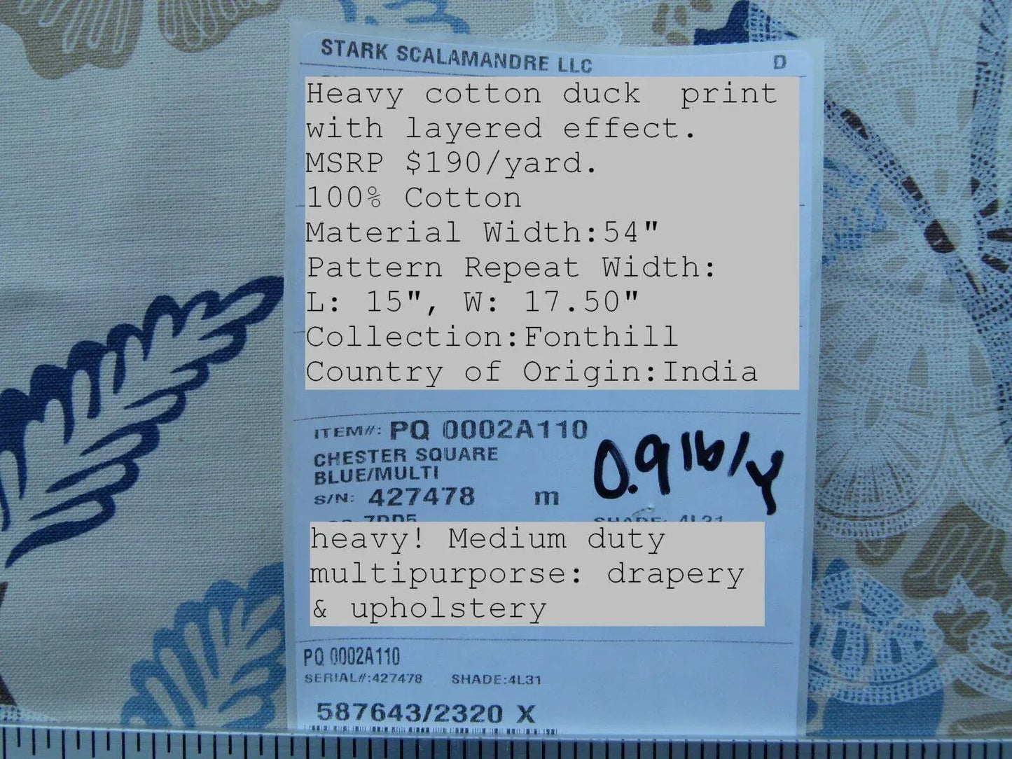 Scalamandre Chester Square Fh Blue Multi Printed Cotton Old World Weavers MSRP USD 190/Y