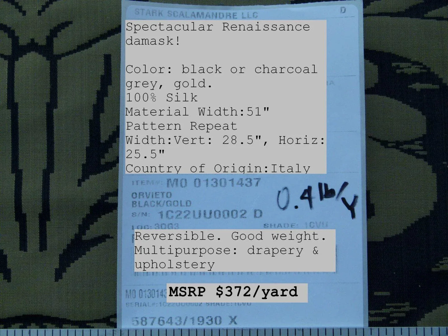 Scalamandre Orvieto In Black Gold Classic Renaissance 100% Silk Damask Old World WeaversMSRP USD 372/y