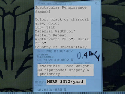 Scalamandre Orvieto In Black Gold Classic Renaissance 100% Silk Damask Old World WeaversMSRP USD 372/y