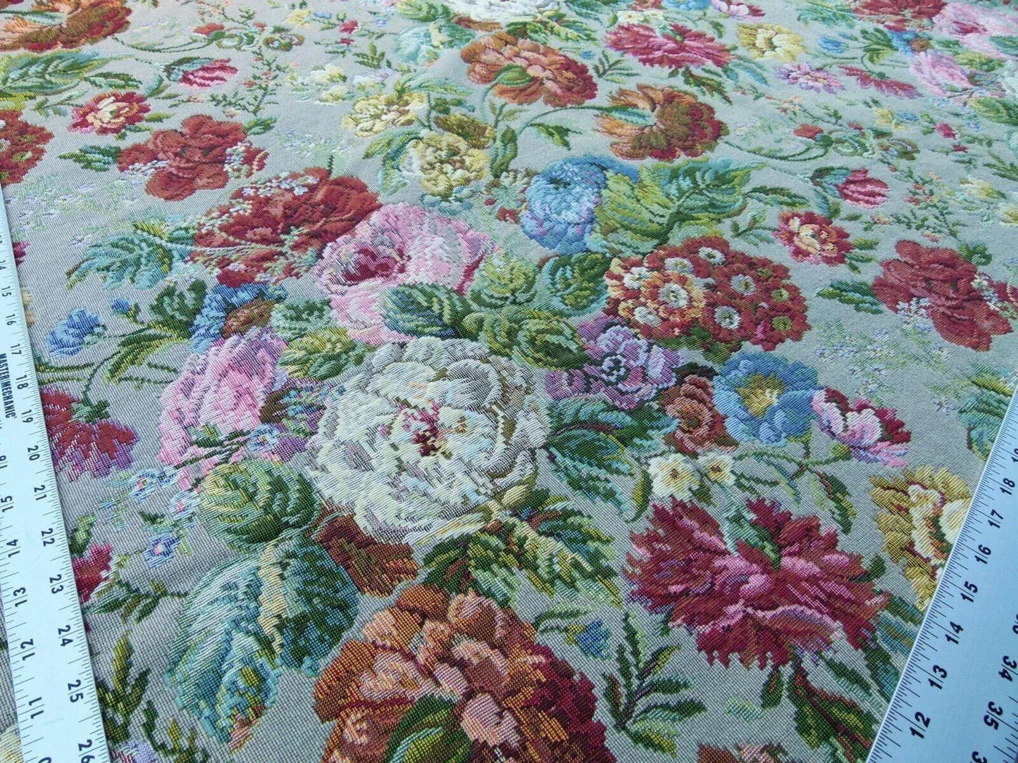 Scalamandre Veronica Taupe Rembrandt Rose Carnation Bouquet Red Green Pink Blue Old World Weavers Traditional Flower Tapestry MSRP USD 188