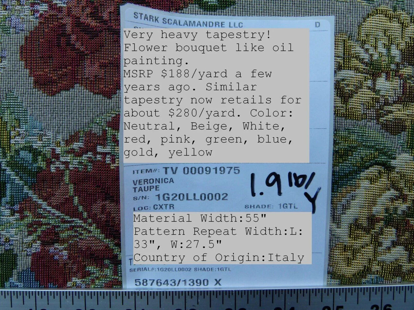 Scalamandre Veronica Taupe Rembrandt Rose Carnation Bouquet Red Green Pink Blue Old World Weavers Traditional Flower Tapestry MSRP USD 188