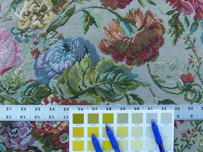 Scalamandre Veronica Taupe Rembrandt Rose Carnation Bouquet Red Green Pink Blue Old World Weavers Traditional Flower Tapestry MSRP USD 188