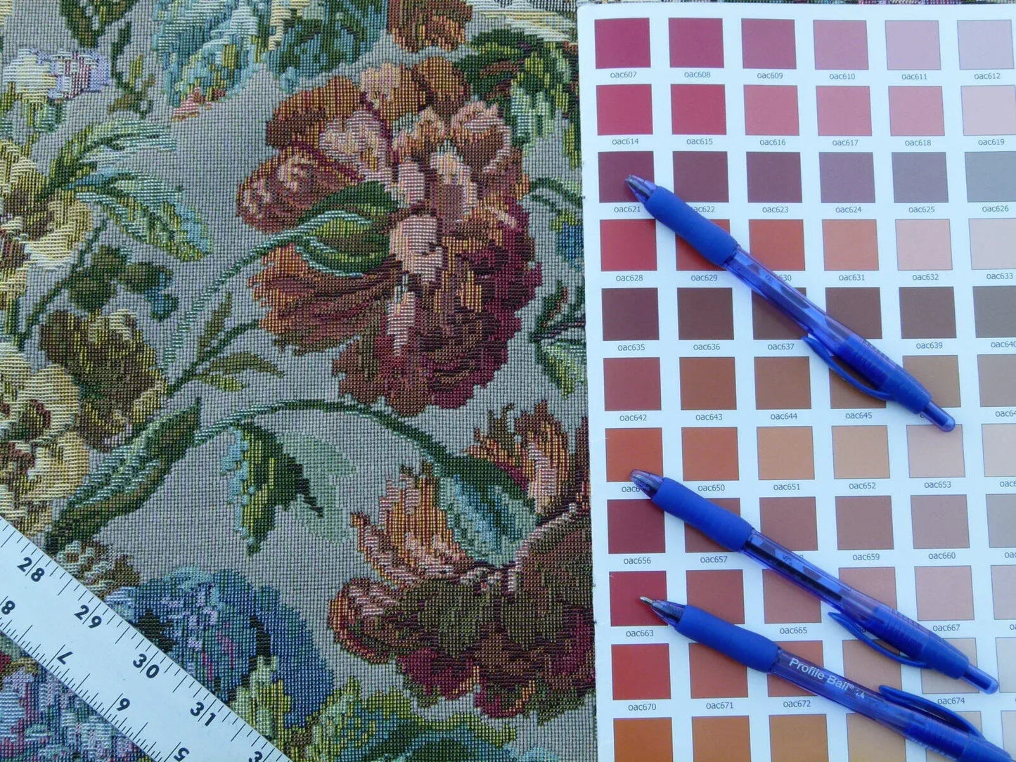 Scalamandre Veronica Taupe Rembrandt Rose Carnation Bouquet Red Green Pink Blue Old World Weavers Traditional Flower Tapestry MSRP USD 188