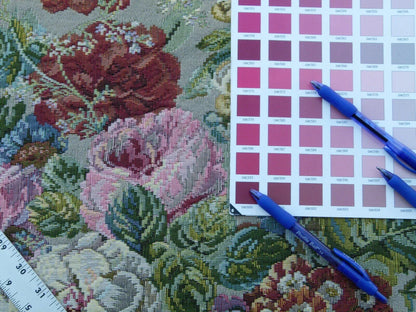 Scalamandre Veronica Taupe Rembrandt Rose Carnation Bouquet Red Green Pink Blue Old World Weavers Traditional Flower Tapestry MSRP USD 188