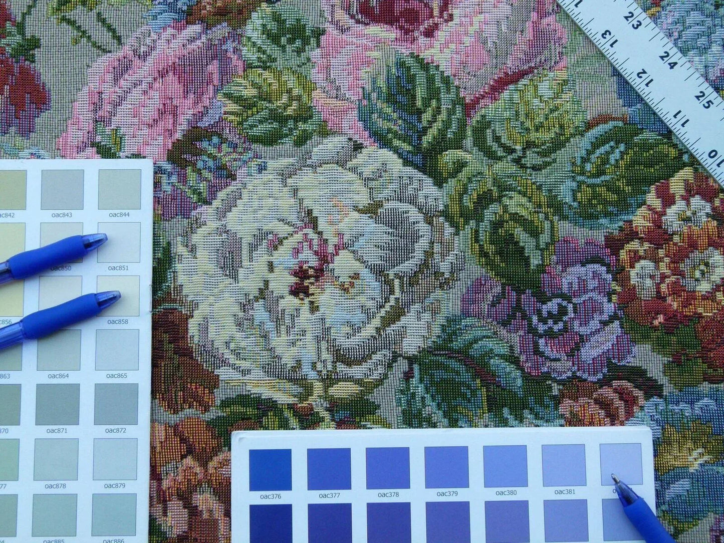 Scalamandre Veronica Taupe Rembrandt Rose Carnation Bouquet Red Green Pink Blue Old World Weavers Traditional Flower Tapestry MSRP USD 188