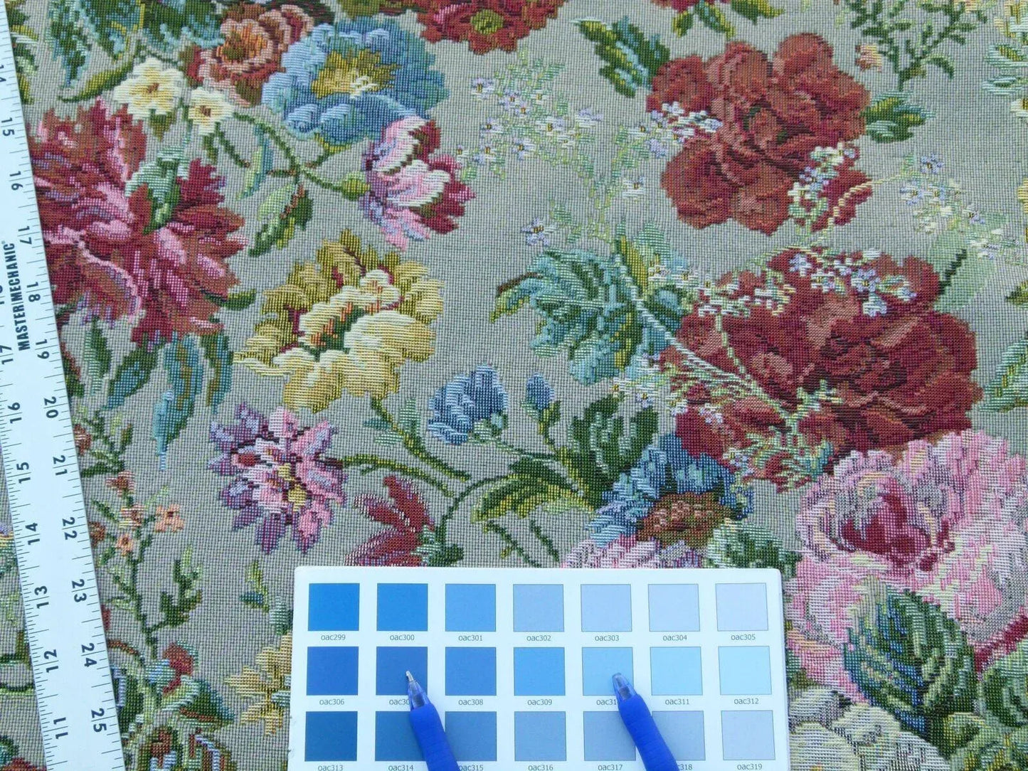 Scalamandre Veronica Taupe Rembrandt Rose Carnation Bouquet Red Green Pink Blue Old World Weavers Traditional Flower Tapestry MSRP USD 188