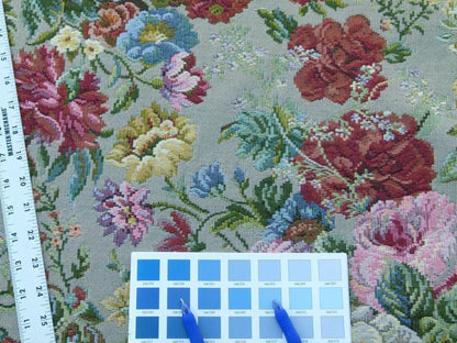 Scalamandre Veronica Taupe Rembrandt Rose Carnation Bouquet Red Green Pink Blue Old World Weavers Traditional Flower Tapestry MSRP USD 188
