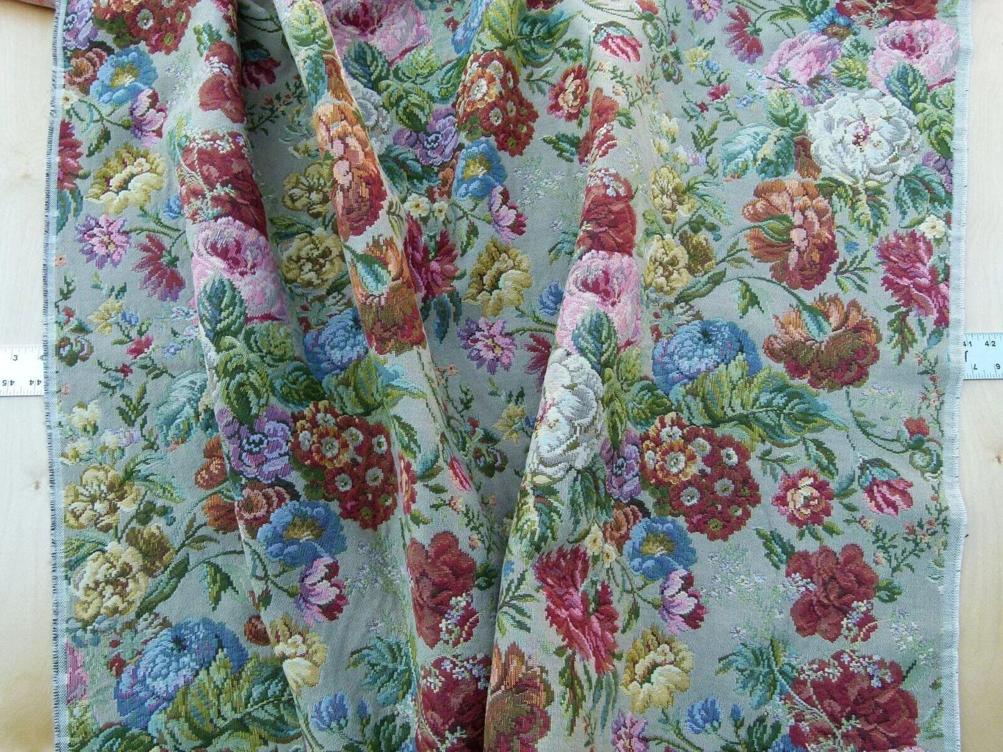 Scalamandre Veronica Taupe Rembrandt Rose Carnation Bouquet Red Green Pink Blue Old World Weavers Traditional Flower Tapestry MSRP USD 188