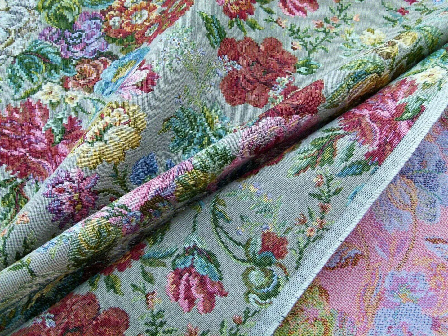 Scalamandre Veronica Taupe Rembrandt Rose Carnation Bouquet Red Green Pink Blue Old World Weavers Traditional Flower Tapestry MSRP USD 188