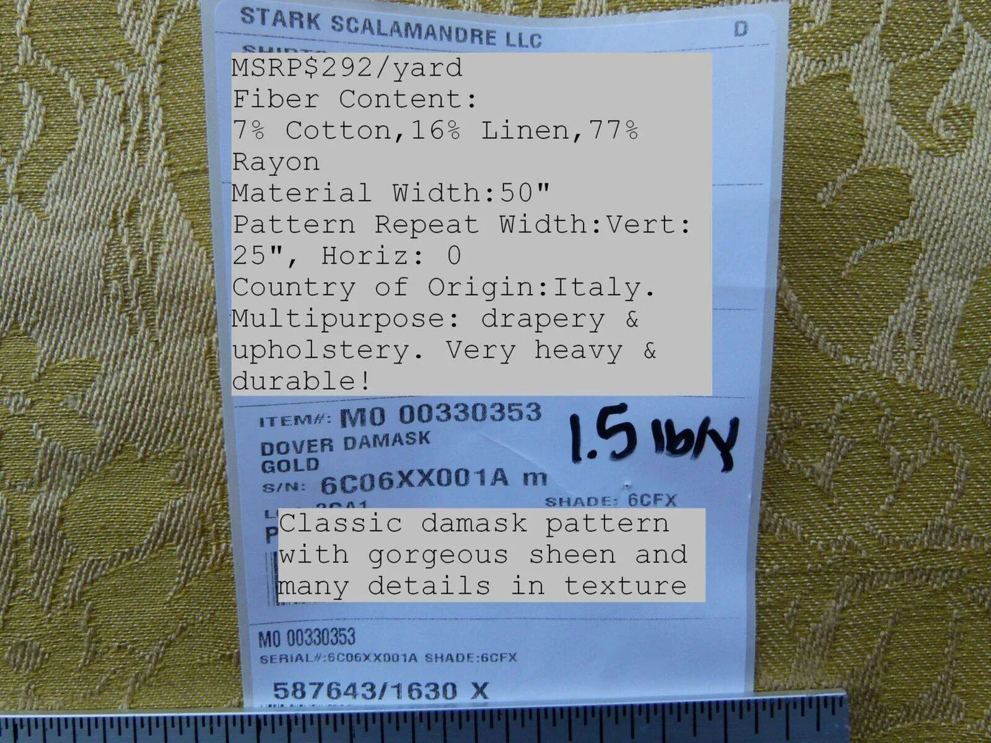 Scalamandre Dover Damask Gold Classic Damask Cotton Linen Renaissance Old World Weavers MSRP USD 292/Y