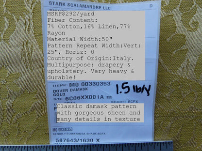 Scalamandre Dover Damask Gold Classic Damask Cotton Linen Renaissance Old World Weavers MSRP USD 292/Y