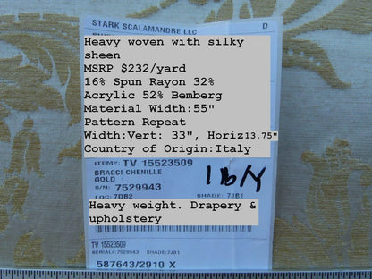 Scalamandre Elegant Bracci Chenille Gold Acanthus Feather Damask  Old World Weavers MSRP USD 232/Y