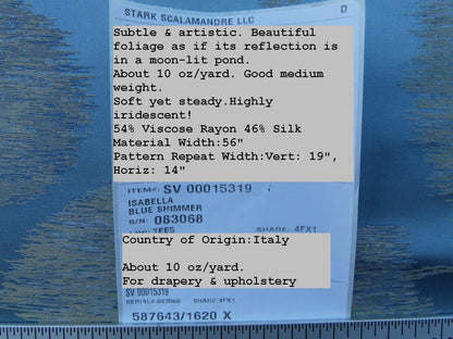 Scalamandre Isabella Blue Shimmer Mystic Foliage Heart Shape Silk Lampas Old World Weavers MSRP USD 428/y