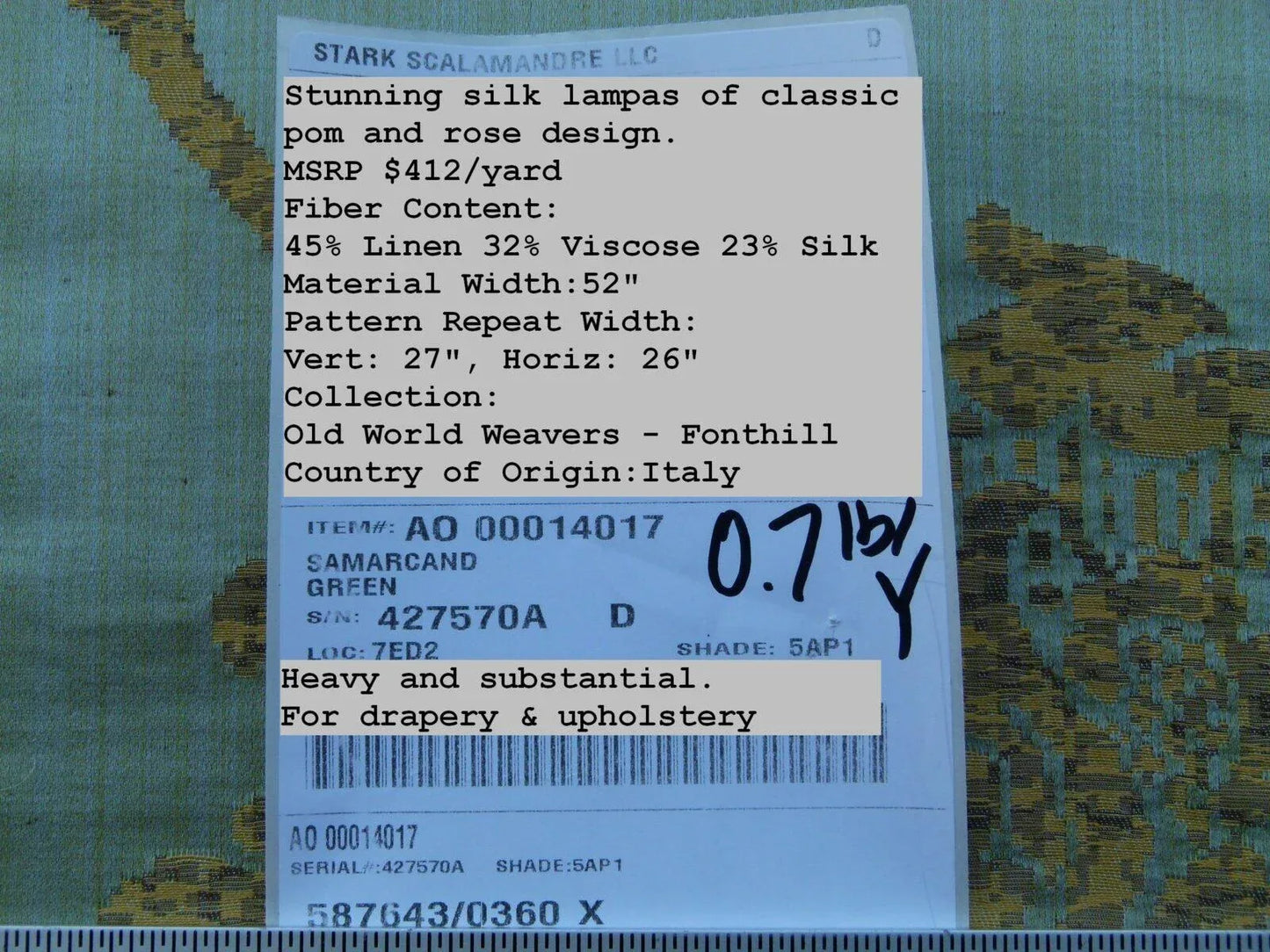 Scalamandre Samarcand Green Copper Gold Heavy Silk Damask  Old World Weavers MSRP USD 412