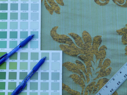 Scalamandre Samarcand Green Copper Gold Heavy Silk Damask  Old World Weavers MSRP USD 412