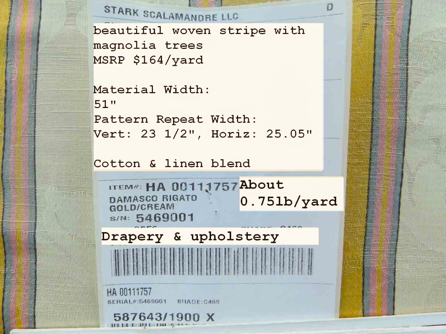 Scalamandre Damasko Rigato Damask Stripe Magnolia Gold Cream Pink Old World Weavers Fonthill MSRP USD 164/Y