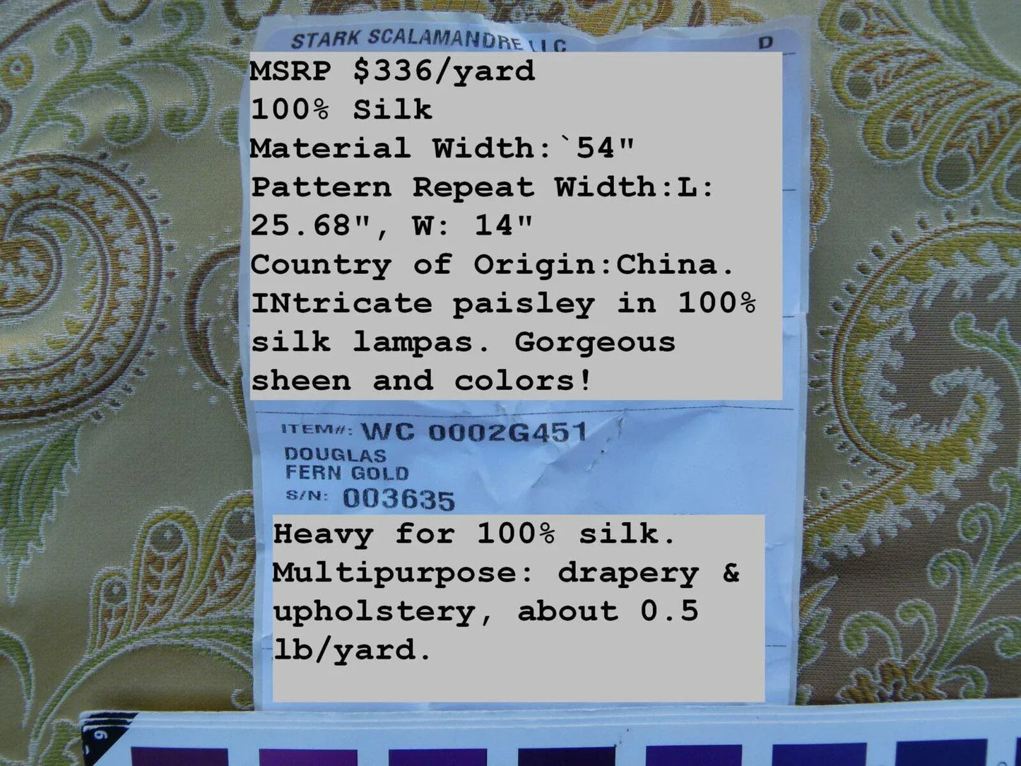 Scalamandre Douglas Fonthill Fern Gold Green Copper 100% Silk Paisley Old World Weavers MSRP USD 336/Y