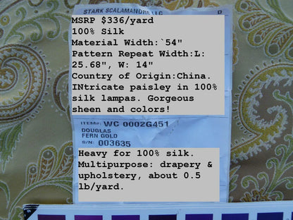 Scalamandre Douglas Fonthill Fern Gold Green Copper 100% Silk Paisley Old World Weavers MSRP USD 336/Y