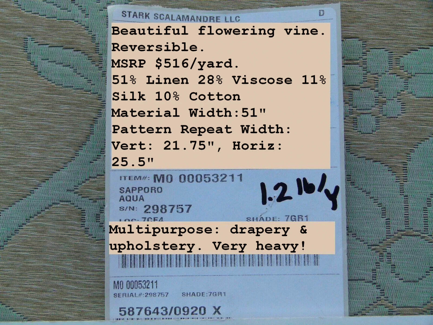 Scalamandre Romantic Sapporo Aqua Blue Brown Silk Linen Lampas MSRP USD 516/y Superb Weight! Vine